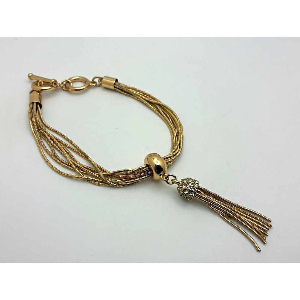 Gold Tone Multi Strand Cord Chain Tassel Dangle Toggle Bracelet Clear Crystal